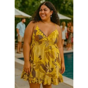 Boho 2X Yellow Floral Sundress Ruffle Hem Beach Summer Babydoll Cami Cottagecore